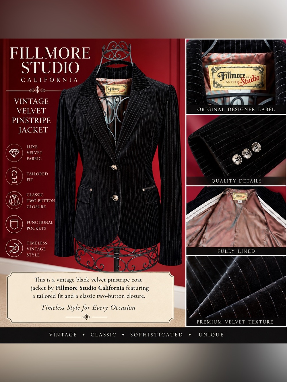 Black Velvet Pinstripe Blazer Jacket | Vintage Fillmore Studio California